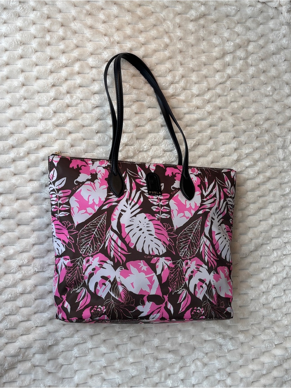 Furla Large Tote Printed Canvas Black Leather Handles Pink Multicolor